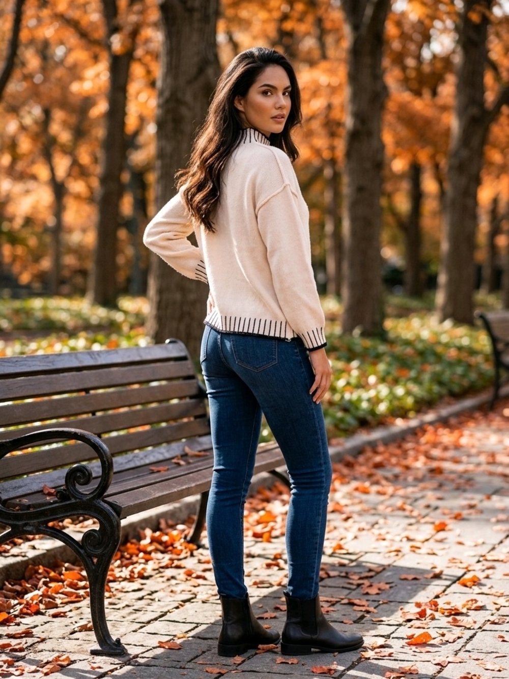 Cream Crewneck Sweater with Black Trim - Women's Sweater - Picture 12 of 15